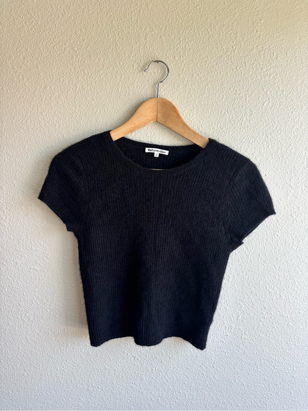 Reformation Black Cashmere Short Sleeve Ribbed Knit Top